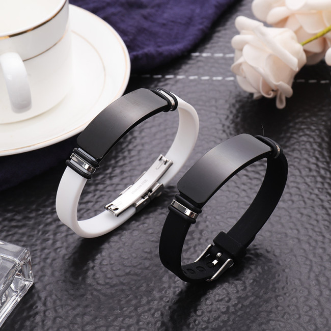 Wholesale Silicone Black Stainless Steel Engravable ID Bracelet