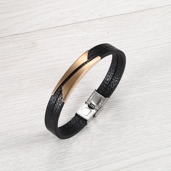 Wholesale Men's Layered Leather Stainless Steel Bar Bracelet