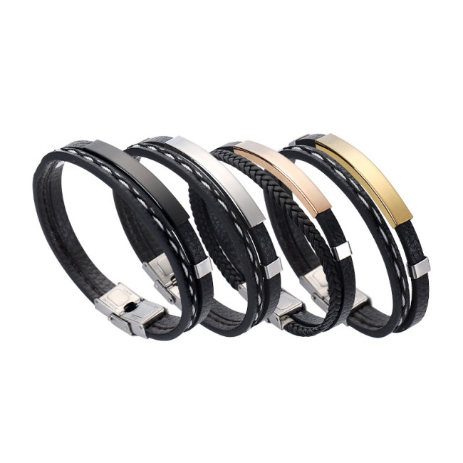 Wholesale Multilayer Leather Stainless Steel Engravable ID Bracelet