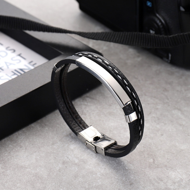 Wholesale Multilayer Leather Stainless Steel Engravable ID Bracelet