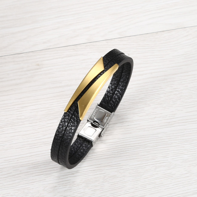 Wholesale Men's Layered Leather Stainless Steel Bar Bracelet