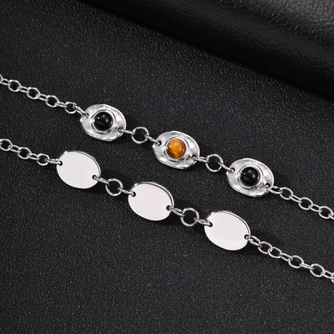 Wholesale Stainless Steel Hammered Oval Disc Natural Stone Bracelet
