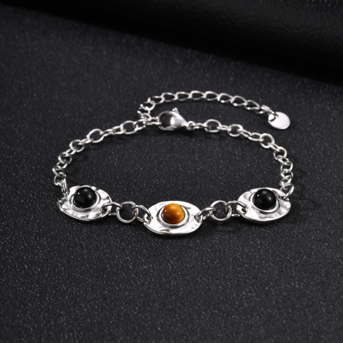 Wholesale Stainless Steel Hammered Oval Disc Natural Stone Bracelet