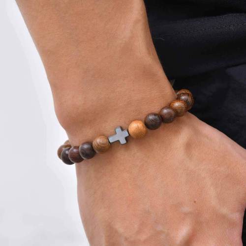 Wholesale Men's Natural Wood Bead Cross Stretch Bracelet