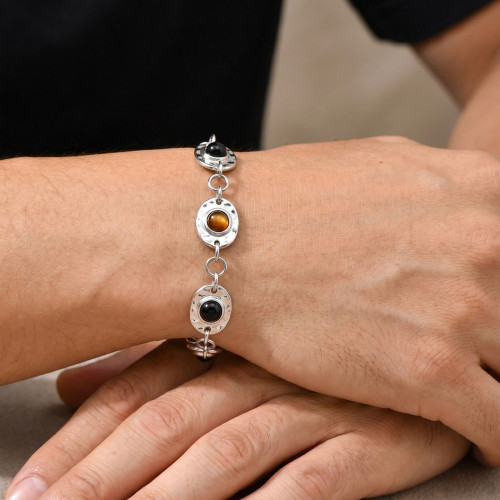 Wholesale Stainless Steel Hammered Oval Disc Natural Stone Bracelet