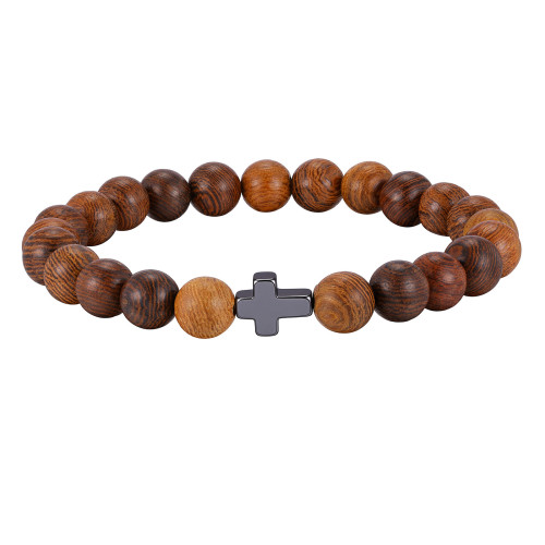 Wholesale Men's Natural Wood Bead Cross Stretch Bracelet