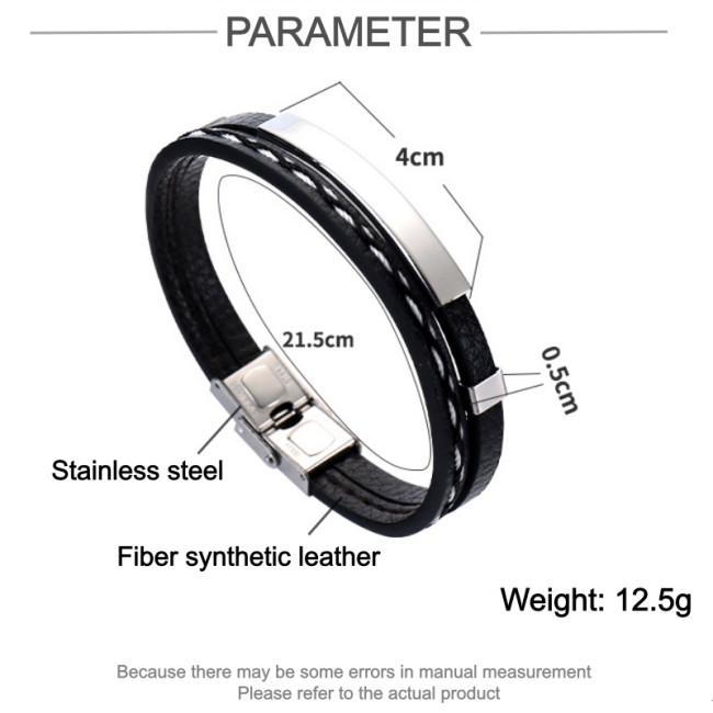 Wholesale Multilayer Leather Stainless Steel Engravable ID Bracelet
