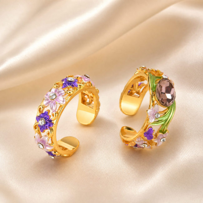 Wholesale Brass Enamel Floral Crystal Open Ring