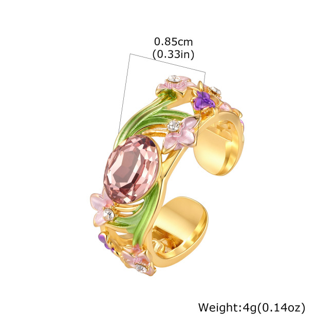 Wholesale Brass Enamel Floral Crystal Open Ring