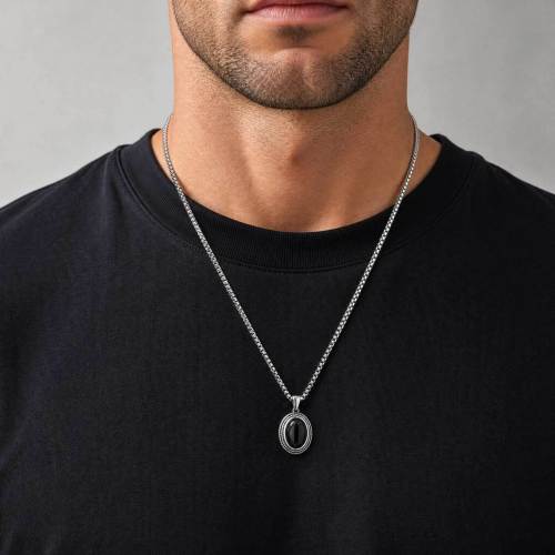 Wholesale Stainless Steel Oval Black Agate Pendant