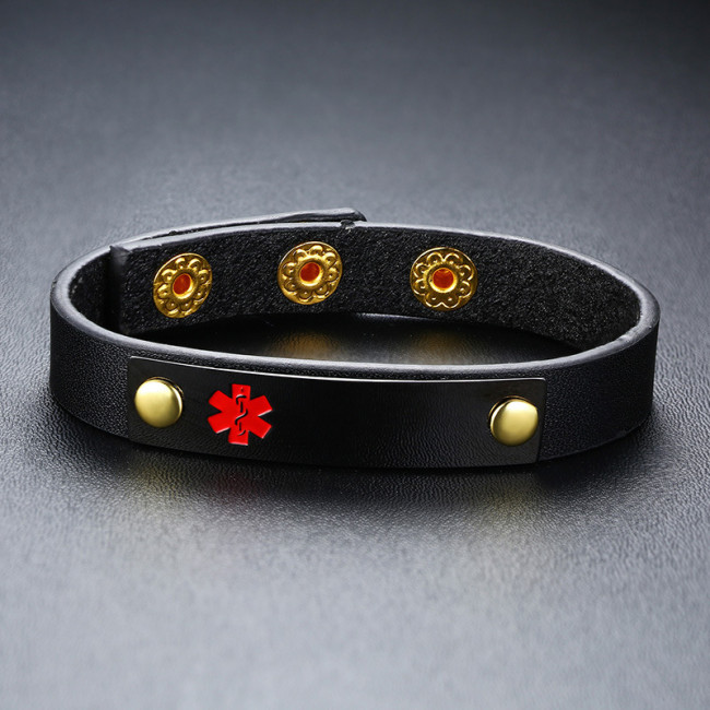 Wholesale Stainless Steel Adjustable Leather Medical ID Bracelet