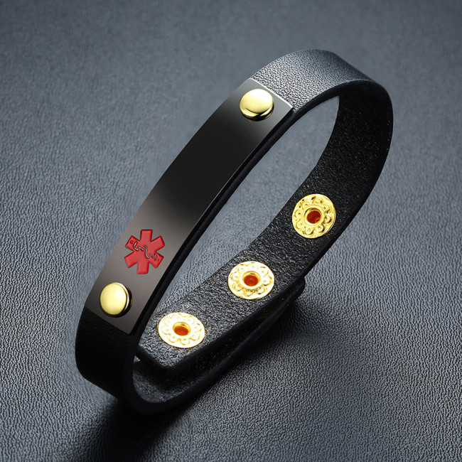 Wholesale Stainless Steel Adjustable Leather Medical ID Bracelet