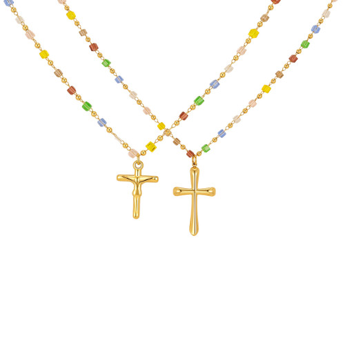 Wholesale Colorful Gemstone Bead Gold Cross Pendant Necklace