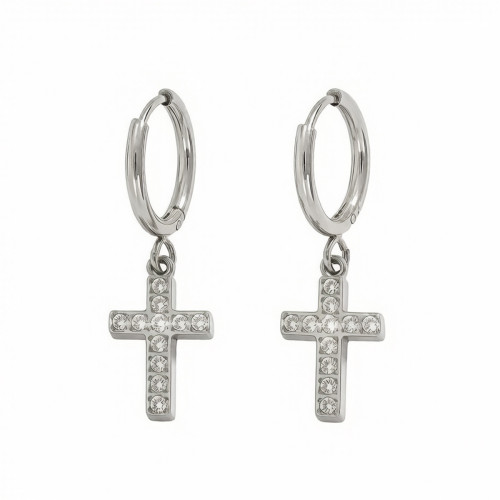 Wholesale Stainless Steel CZ Cross Charm Hoop Earrings