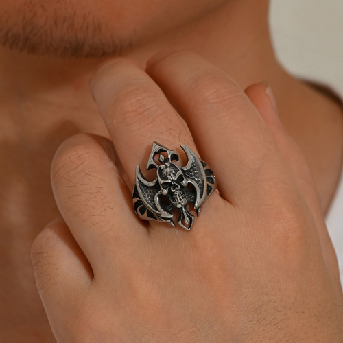 Wholesale Men's Stainless Steel Gothic Skull Bat Wings Ring