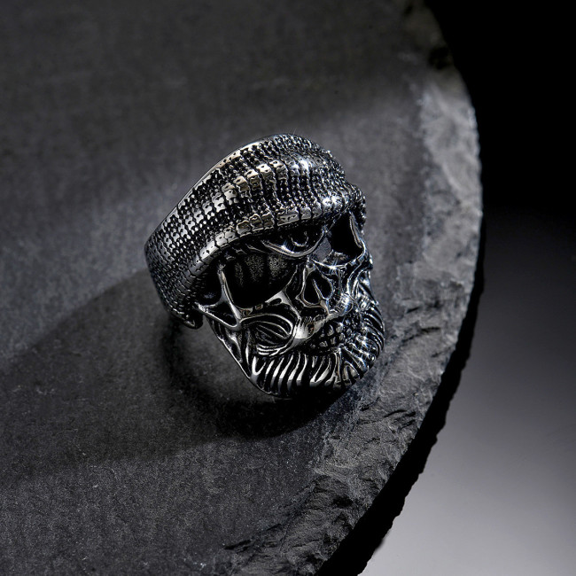 Wholesale Men's Stainless Steel Beanie Skull Biker Ring