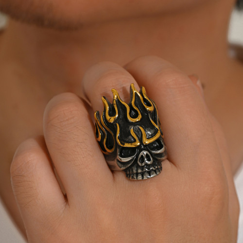 Wholesale Stainless Steel Two-Tone Flaming Skull Ring