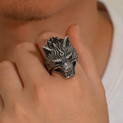 Wholesale Men's Stainless Steel Viking Wolf Head Biker Ring