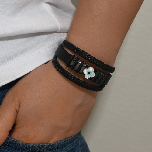Wholesale Lucky Clover Evil Eye Multi-Strand Leather Bracelet