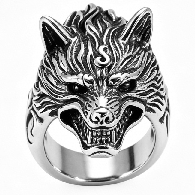 Wholesale Men's Stainless Steel Viking Wolf Head Biker Ring