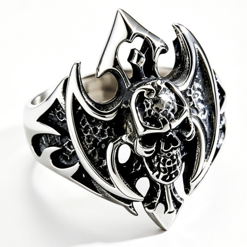 Wholesale Men's Stainless Steel Gothic Skull Bat Wings Ring