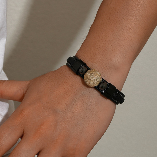 Wholesale Men's Black Braided Leather Natural Raw Stone Bracelet