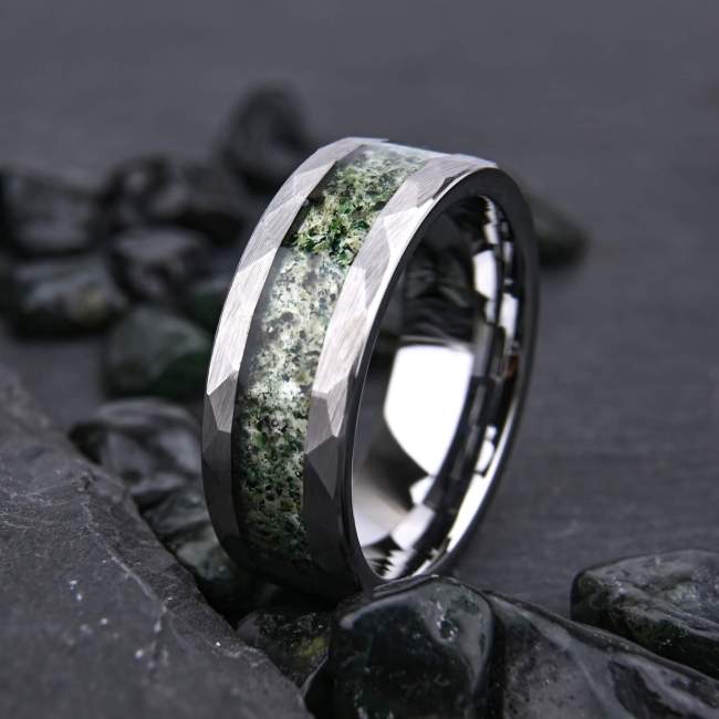 Wholesale 8mm Hammered Tungsten Carbide Moss Inlay Ring