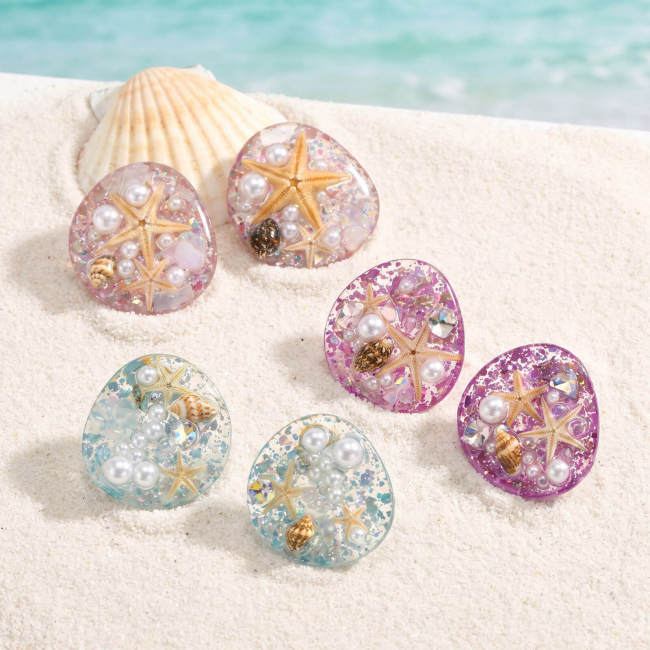 Wholesale Beach Resin Starfish Shell Pearl Stud Earrings