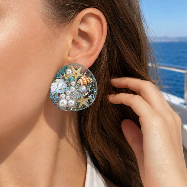 Wholesale Beach Resin Starfish Shell Pearl Stud Earrings