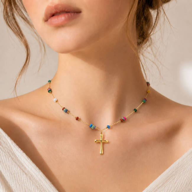 Wholesale Stainless Steel Multi Color Bead Crucifix Necklace