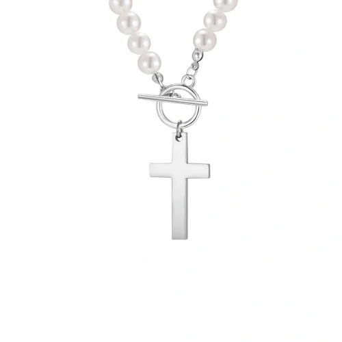 Wholesale Stainless Steel Front Toggle Pearl Cross Necklace