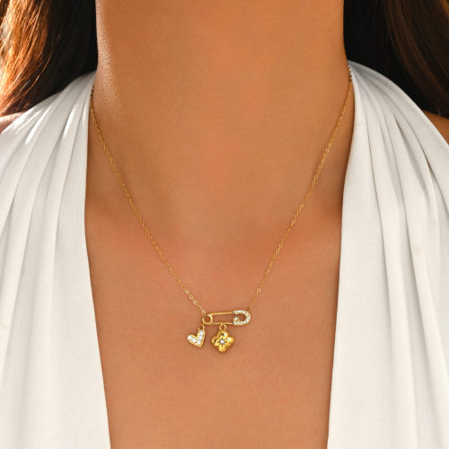Wholesale Women's Stainless Steel CZ Safety Pin Charm Necklace