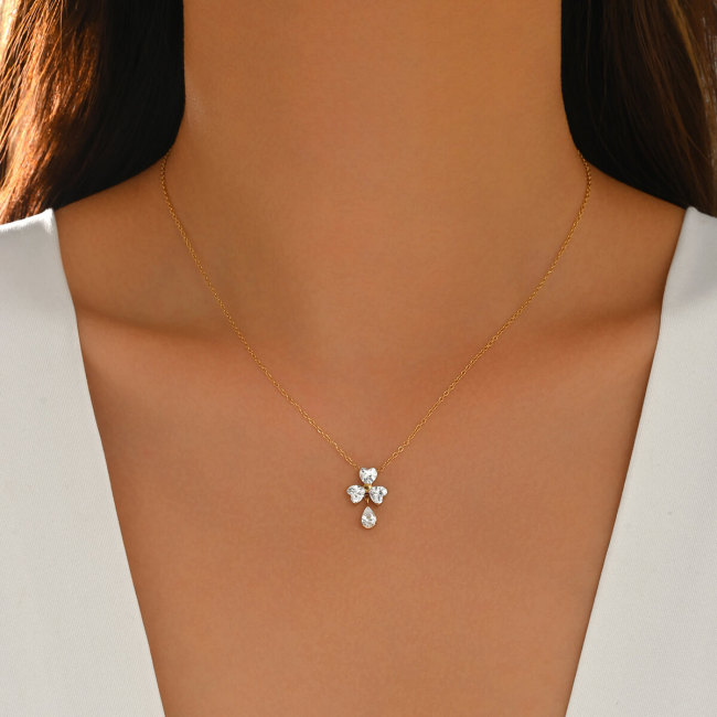 Wholesale Stainless Steel Heart CZ Flower Teardrop Necklace