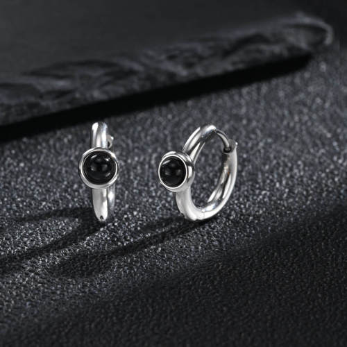 Wholesale Stainless Steel Black Gemstone Huggie Earrings