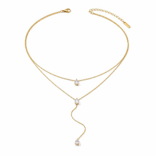 Wholesale Stainless Steel Layered Teardrop CZ Necklace