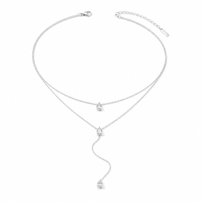 Wholesale Stainless Steel Layered Teardrop CZ Necklace