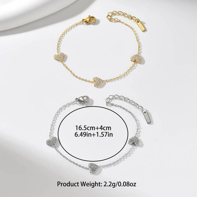 Wholesale Stainless Steel Pave CZ Triple Heart Bracelet