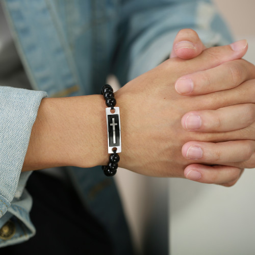 Wholesale Men Cross Tag Bead Bracelet