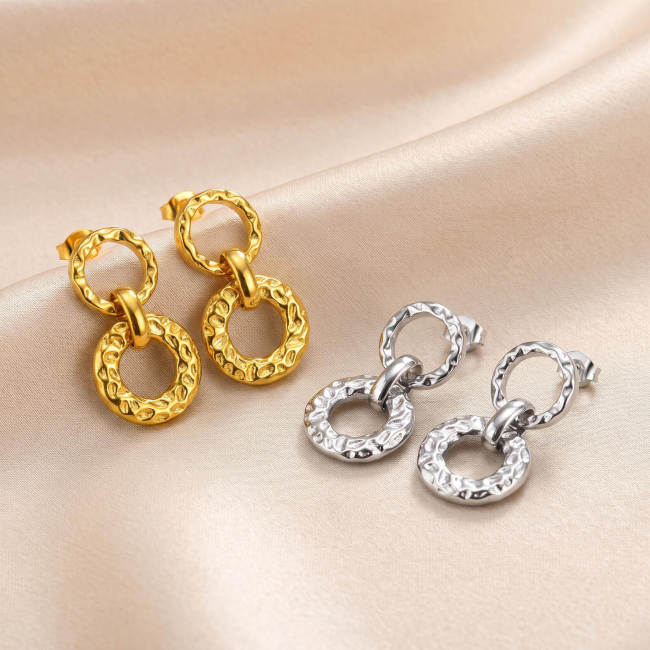 Wholesale Stainless Steel Hammered Double Circle Drop Earrings