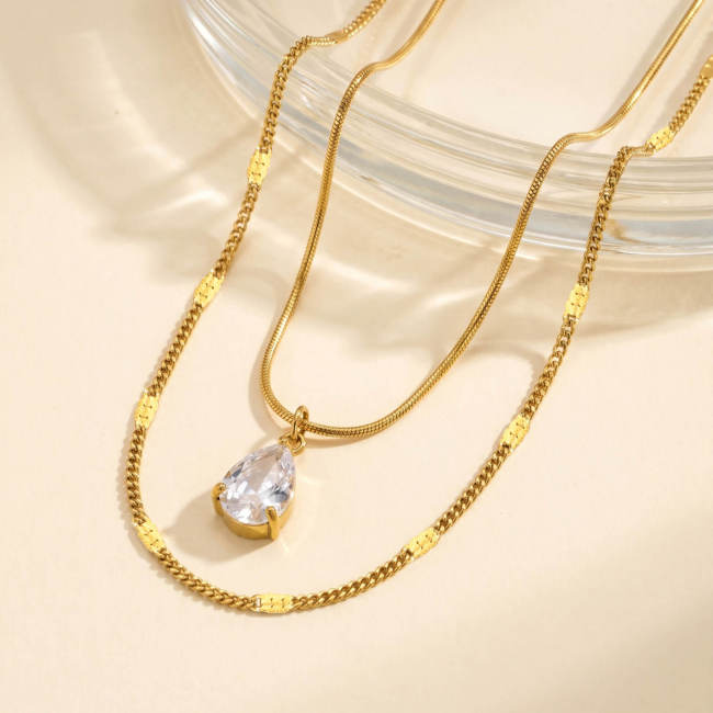 Wholesale Stainless Steel Layered Teardrop Zircon Necklace