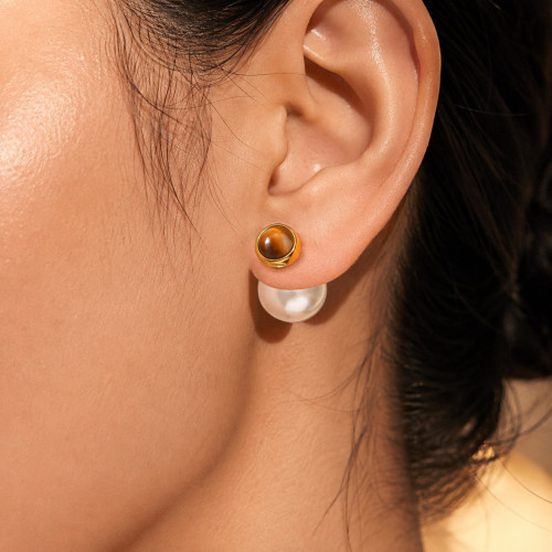 Wholesale Stainless Steel Tiger Eye Pearl Double Sided Stud Earrings