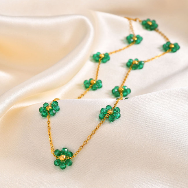 Wholesale Stainless Steel Green Crystal Daisy Flower Jewelry Set