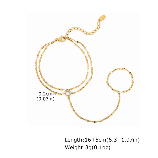 Wholesale Stainless Steel Dainty CZ Double Layer Hand Harness Ring Bracelet