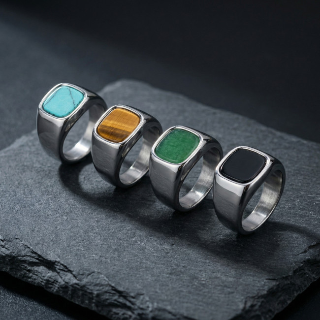 Wholesale Stainless Steel Square Gemstone Signet Ring Black Onyx Tiger Eye