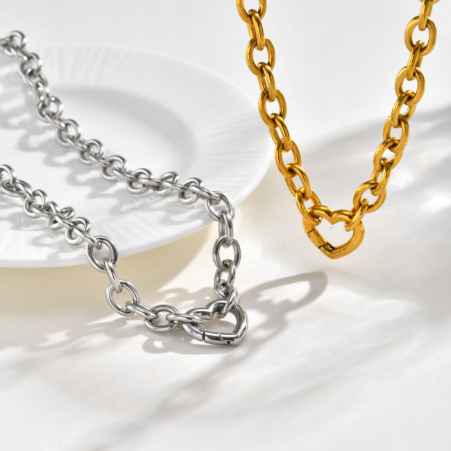 Wholesale Stainless Steel Chunky Heart Carabiner Clasp Chain Necklace & Bracelet Set