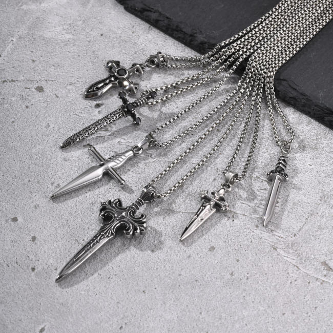 Wholesale Stainless Steel Vintage Gothic Dagger Sword Black CZ Pendant