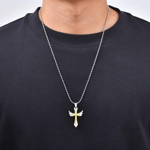 Wholesale Two-Tone Stainless Steel Angel Wing Cross Pendant with CZ