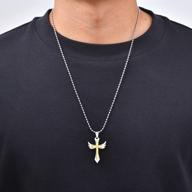 Wholesale Two-Tone Stainless Steel Angel Wing Cross Pendant with CZ