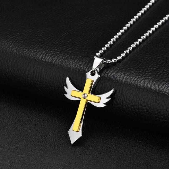 Wholesale Two-Tone Stainless Steel Angel Wing Cross Pendant with CZ