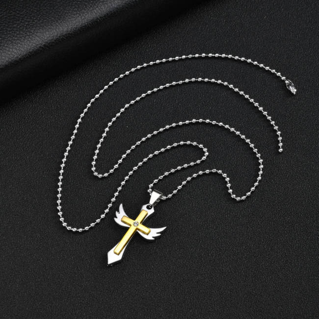 Wholesale Two-Tone Stainless Steel Angel Wing Cross Pendant with CZ
